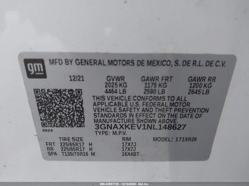 2022 Chevrolet Equinox Fwd Lt VIN: 3GNAXKEV1NL148627 Lot: 43951735