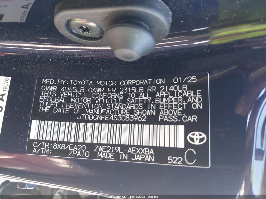 2025 Toyota Corolla Hybrid Xle VIN: JTDBCMFE4S3083962 Lot: 43951737