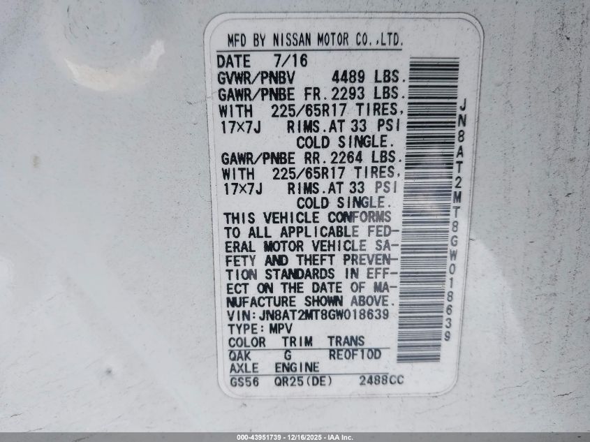 2016 Nissan Rogue S VIN: JN8AT2MT8GW018639 Lot: 43951739