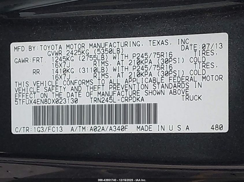2013 Toyota Tacoma VIN: 5TFUX4EN8DX023130 Lot: 43951740