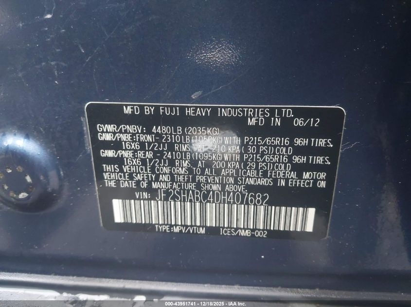 2013 Subaru Forester 2.5X VIN: JF2SHABC4DH407682 Lot: 43951741