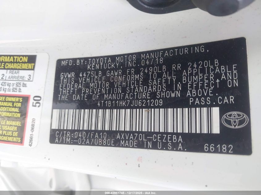 2018 Toyota Camry L VIN: 4T1B11HK7JU621209 Lot: 43951745