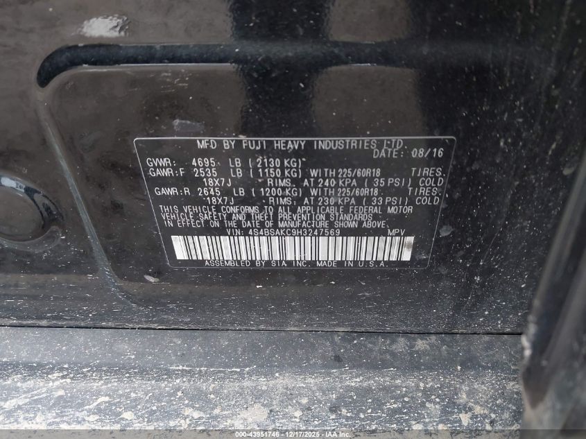 2017 Subaru Outback 2.5I Premium VIN: 4S4BSACC1H3400802 Lot: 43951746