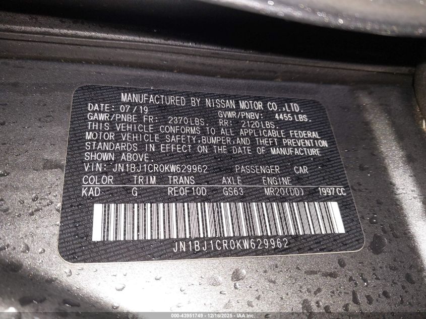 2019 Nissan Rogue Sport Sv VIN: JN1BJ1CR0KW629962 Lot: 43951749