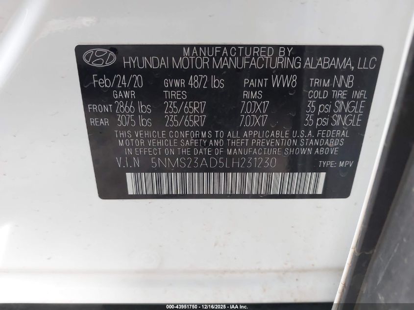 2020 Hyundai Santa Fe Se VIN: 5NMS23AD5LH231230 Lot: 43951750