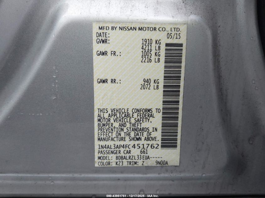2015 Nissan Altima 2.5/2.5 S/2.5 Sl/2.5 Sv VIN: 1N4AL3AP4FC451762 Lot: 43951751