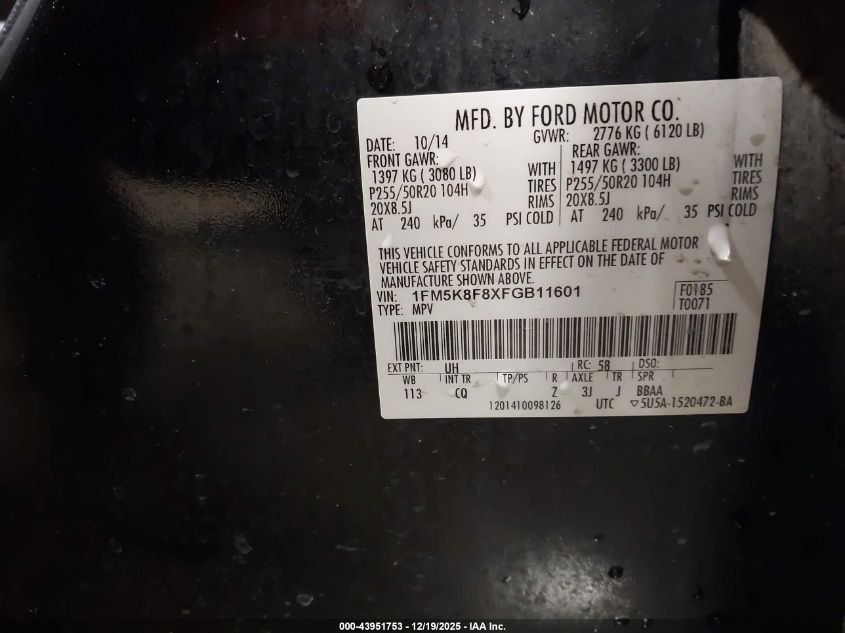 2015 Ford Explorer Limited VIN: 1FM5K8F8XFGB11601 Lot: 43951753