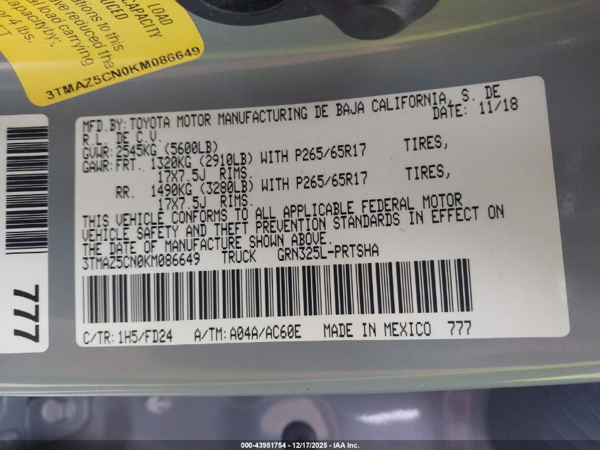 2019 Toyota Tacoma Trd Sport VIN: 3TMAZ5CN0KM086649 Lot: 43951754