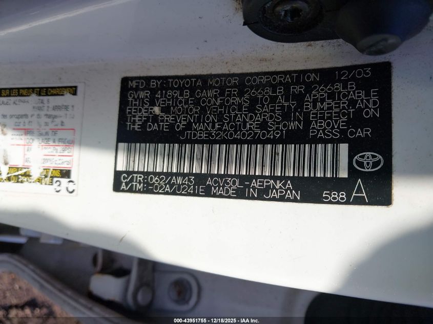 2004 Toyota Camry Le VIN: JTDBE32K040270491 Lot: 43951755