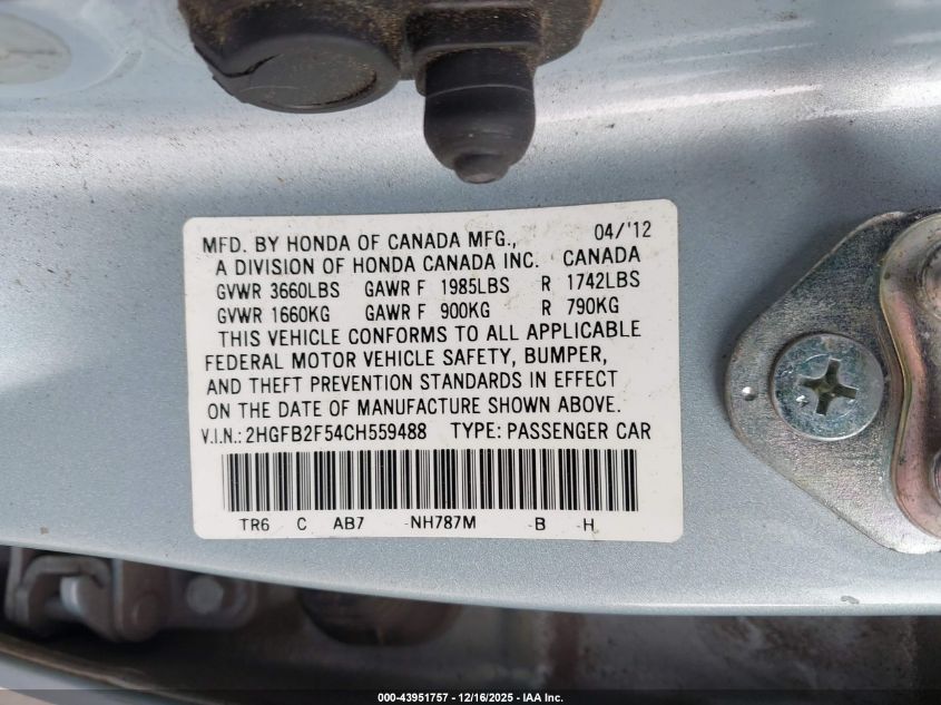 2012 Honda Civic Lx VIN: 2HGFB2F54CH559488 Lot: 43951757