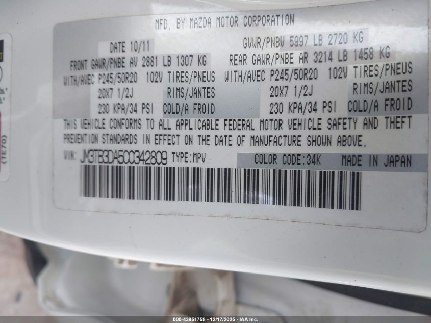 2012 Mazda Cx-9 Grand Touring VIN: JM3TB3DA5C0342809 Lot: 43951758