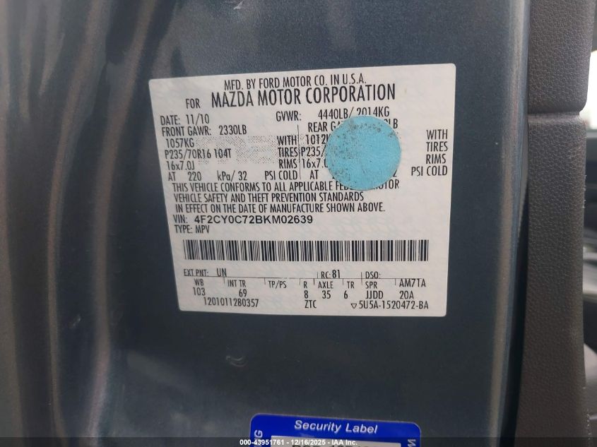 2011 Mazda Tribute I Grand Touring VIN: 4F2CY0C72BKM02639 Lot: 43951761