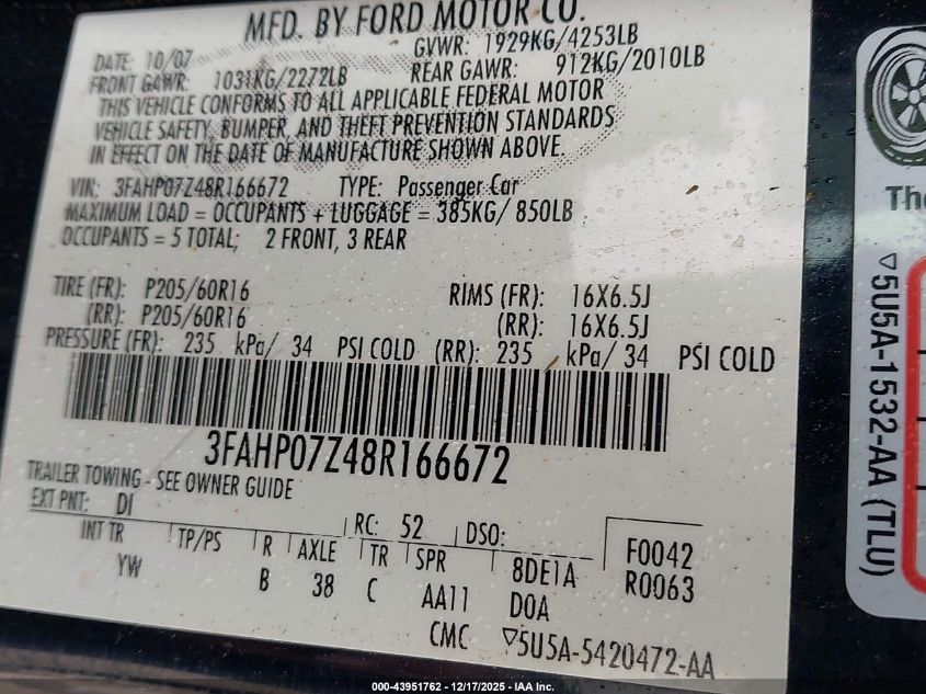 2008 Ford Fusion Se VIN: 3FAHP07Z48R166672 Lot: 43951762