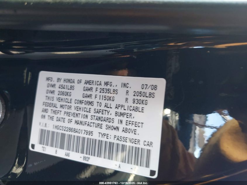 2008 Honda Accord 3.5 Ex-L VIN: 1HGCS22868A017995 Lot: 43951763