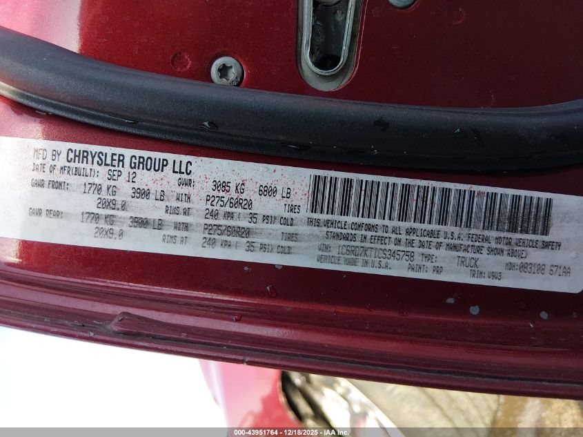 2012 Ram 1500 St VIN: 1C6RD7KT1CS345758 Lot: 43951764