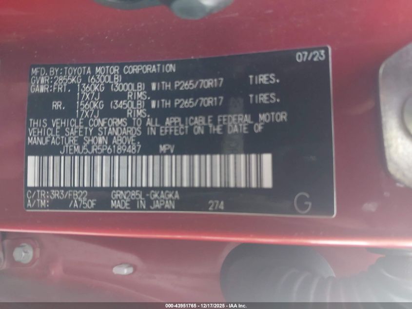 2023 Toyota 4Runner Sr5 VIN: JTEMU5JR5P6189487 Lot: 43951765