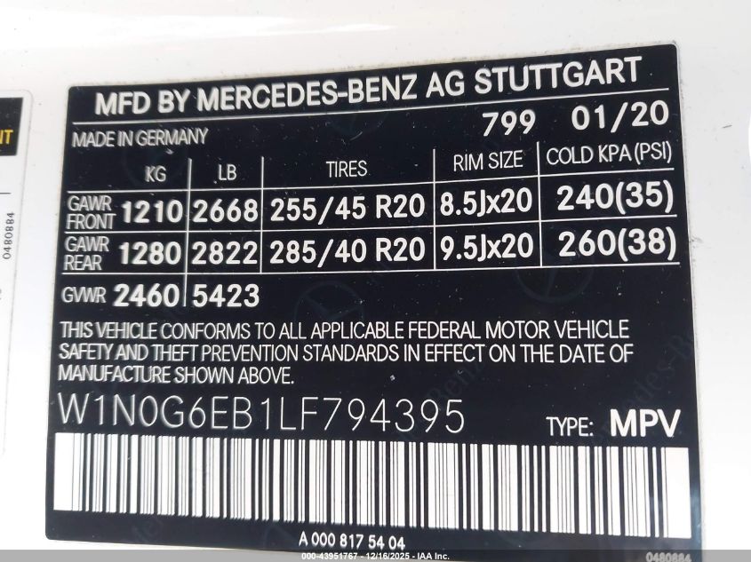 2020 Mercedes-Benz Amg Glc 43 4Matic VIN: W1N0G6EB1LF794395 Lot: 43951767