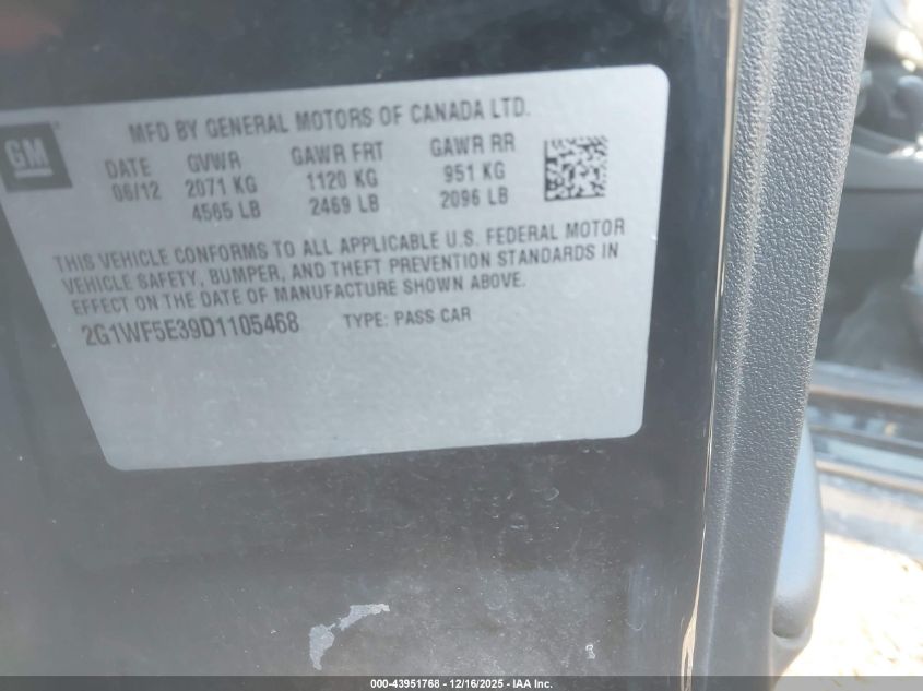 2013 Chevrolet Impala Ls VIN: 2G1WF5E39D1105468 Lot: 43951768
