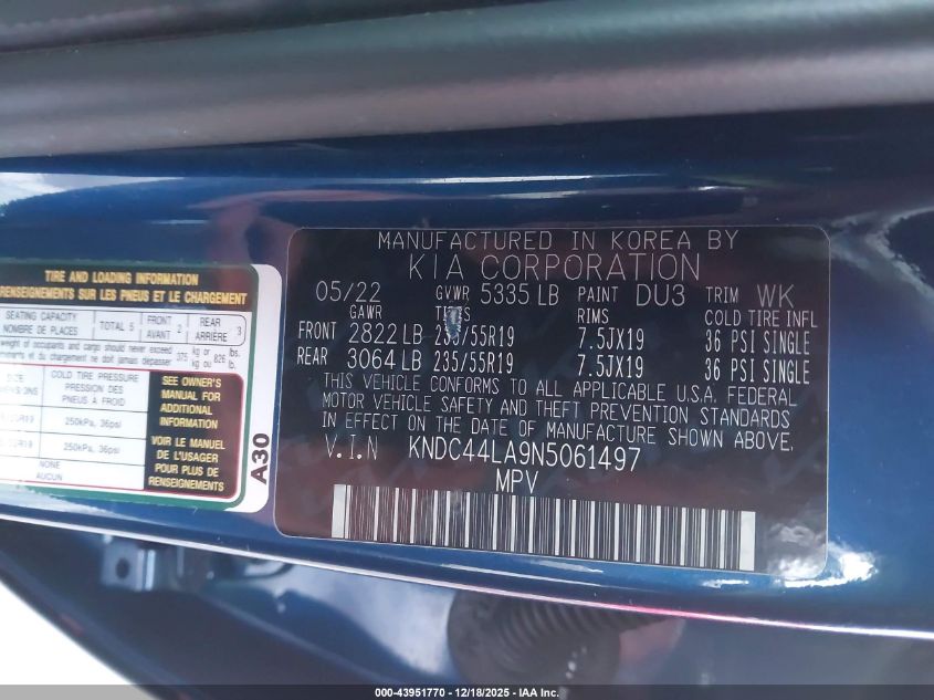 2022 Kia Ev6 Gt-Line VIN: KNDC44LA9N5061497 Lot: 43951770