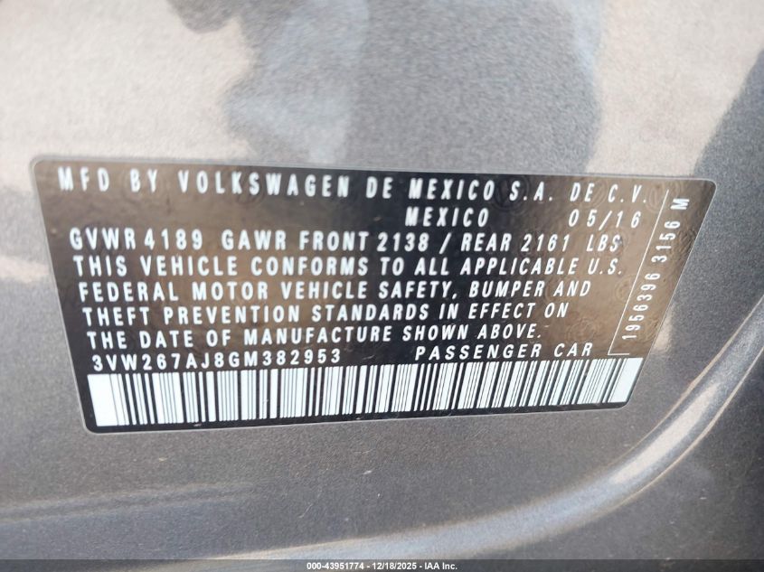 2016 Volkswagen Jetta 1.4T S VIN: 3VW267AJ8GM382953 Lot: 43951774