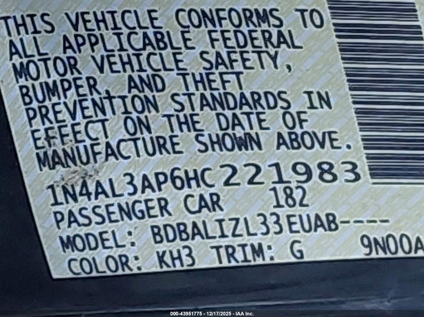 2017 Nissan Altima 2.5 Sv VIN: 1N4AL3AP6HC221983 Lot: 43951775