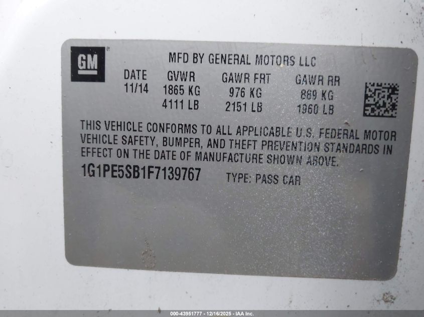 2015 Chevrolet Cruze 2Lt Auto VIN: 1G1PE5SB1F7139767 Lot: 43951777