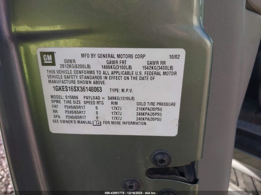 2003 GMC Envoy Xl Slt VIN: 1GKES16SX36148063 Lot: 43951778