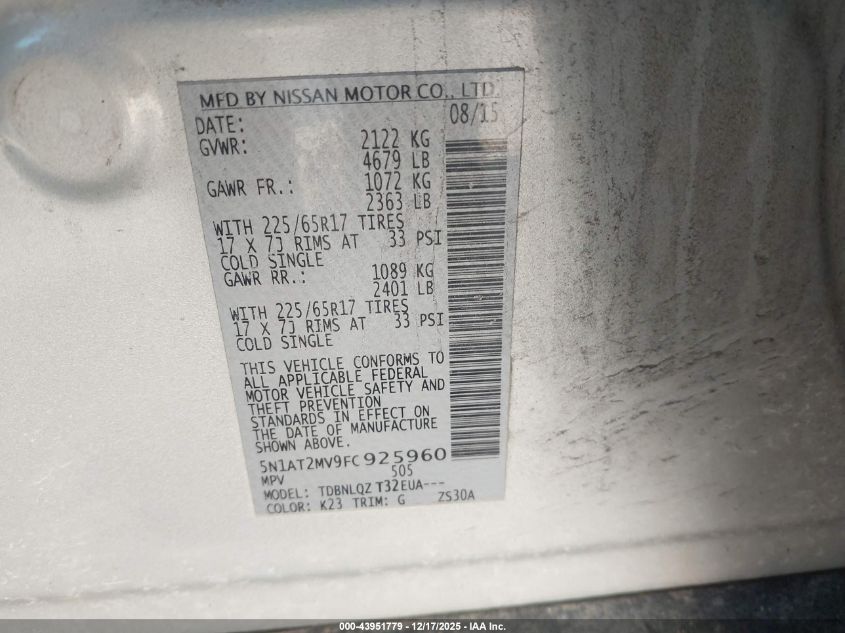 2015 Nissan Rogue Sv VIN: 5N1AT2MV9FC925960 Lot: 43951779