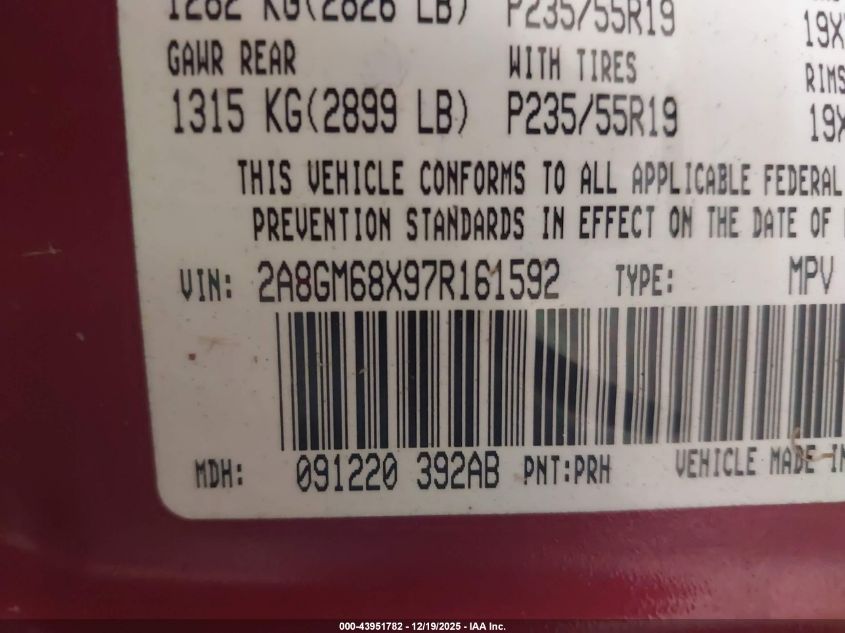 2007 Chrysler Pacifica Touring VIN: 2A8GM68X97R161592 Lot: 43951782