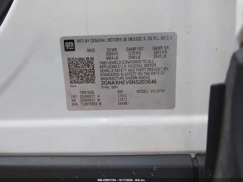 2022 Chevrolet Equinox Fwd Ls VIN: 3GNAXHEV6NS203646 Lot: 43951784