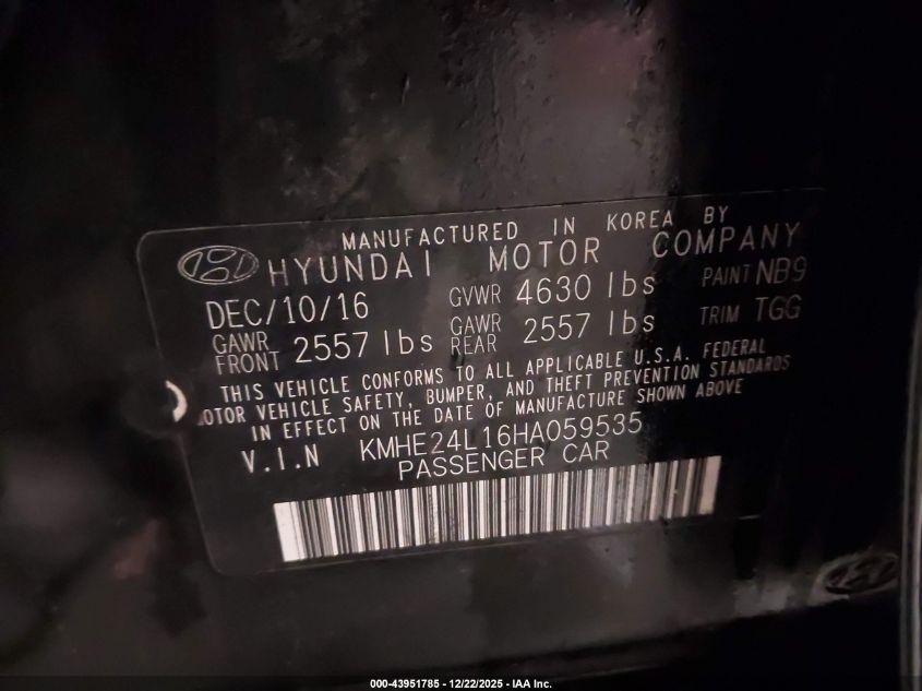 2017 Hyundai Sonata Hybrid Se VIN: KMHE24L16HA059535 Lot: 43951785