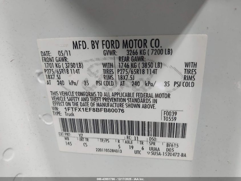 2011 Ford F-150 Stx VIN: 1FTFX1EF8BFB80076 Lot: 43951786