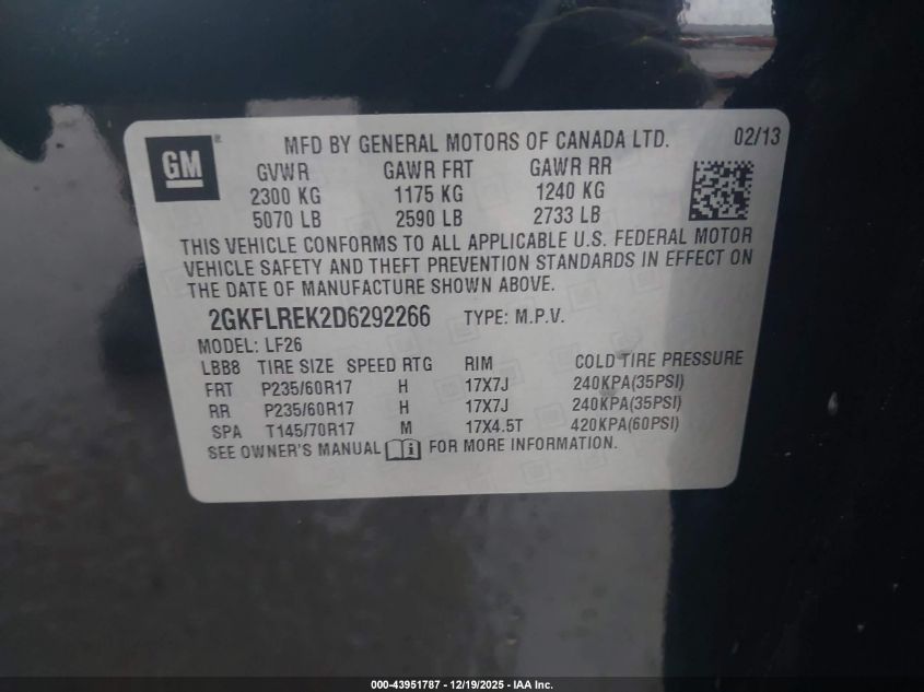 2013 GMC Terrain Sle-1 VIN: 2GKFLREK2D6292266 Lot: 43951787