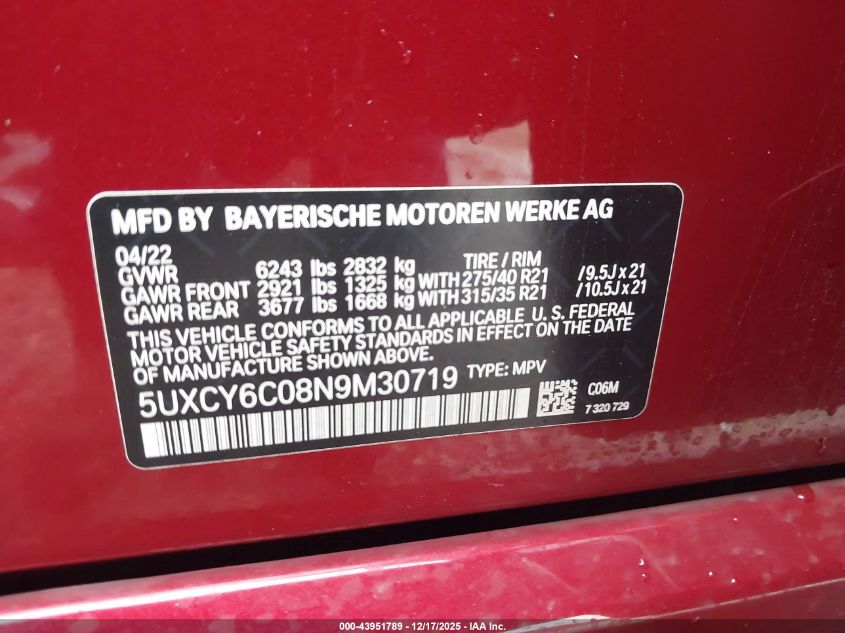 2022 BMW X6 xDrive40I VIN: 5UXCY6C08N9M30719 Lot: 43951789