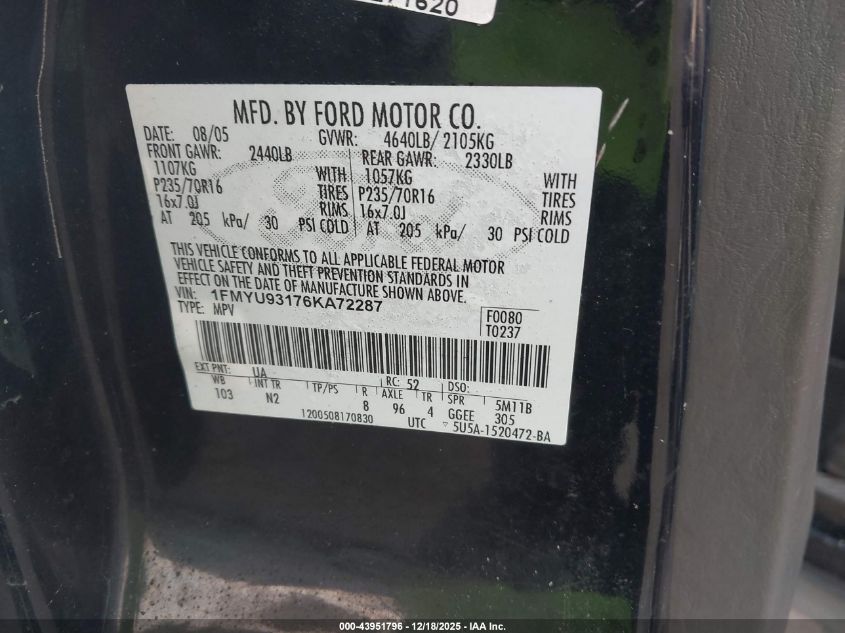 2006 Ford Escape Xlt/Xlt Sport VIN: 1FMYU93176KA72287 Lot: 43951796