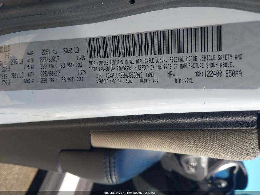 2017 Jeep Cherokee Sport Fwd VIN: 1C4PJLAB8HW609942 Lot: 43951797