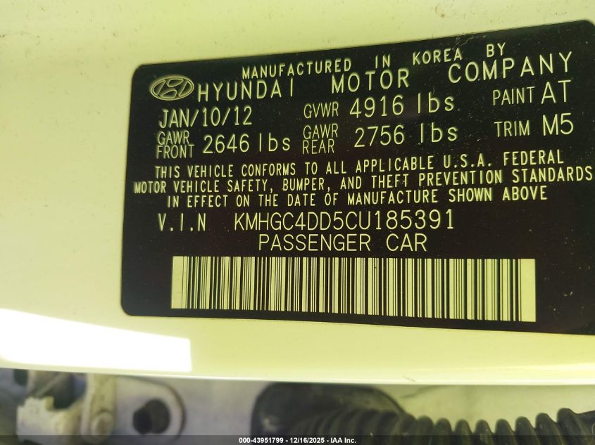 2012 Hyundai Genesis 3.8 VIN: KMHGC4DD5CU185391 Lot: 43951799