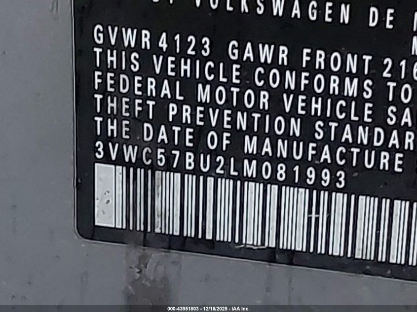 2020 Volkswagen Jetta 1.4T R-Line/1.4T S/1.4T Se VIN: 3VWC57BU2LM081993 Lot: 43951803