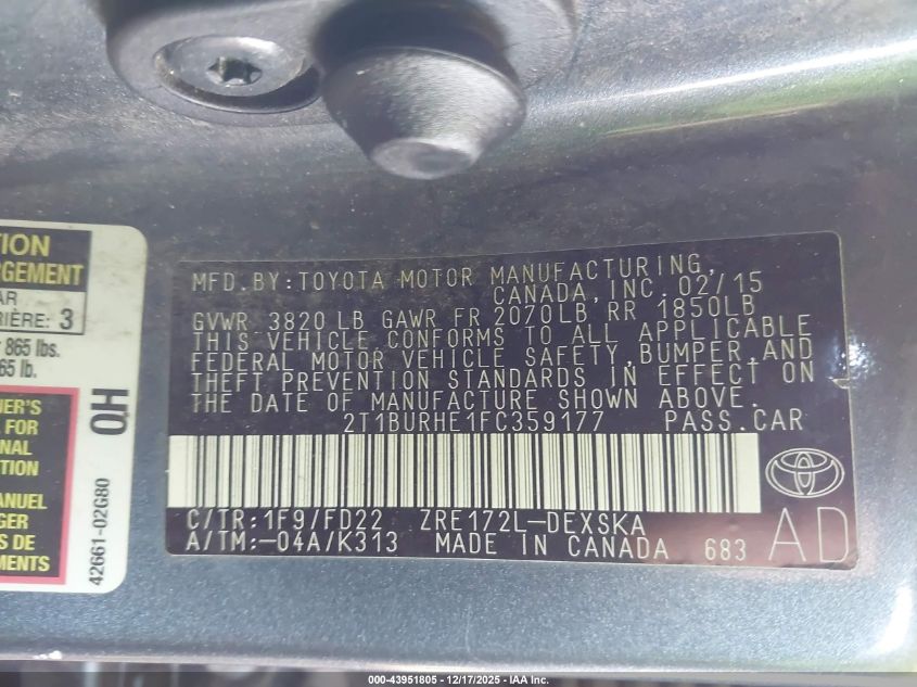 2015 Toyota Corolla S Plus VIN: 2T1BURHE1FC359177 Lot: 43951805