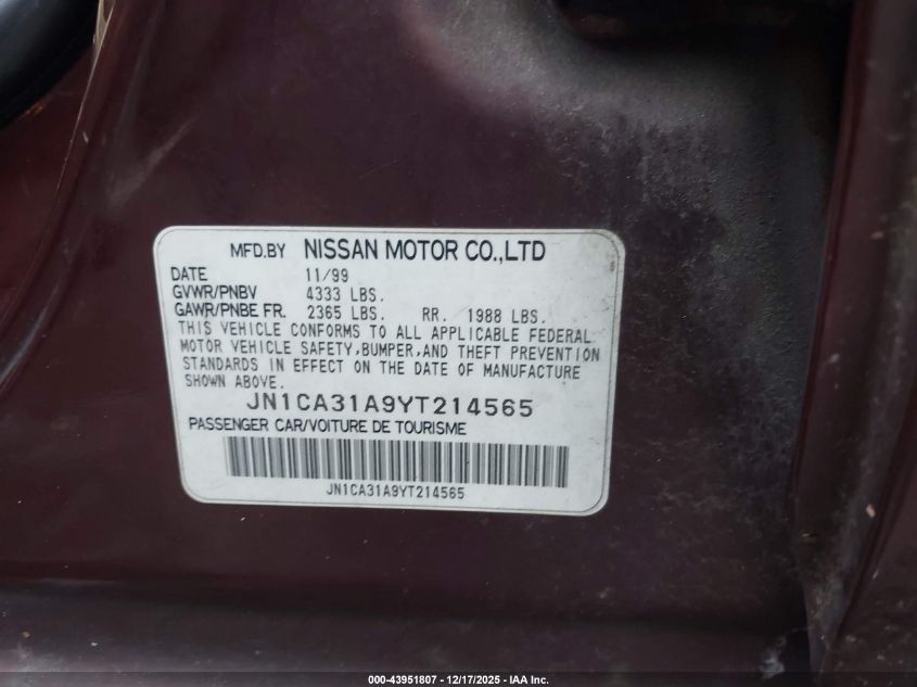2000 Nissan Maxima Gle/Gxe/Se VIN: JN1CA31A9YT214565 Lot: 43951807