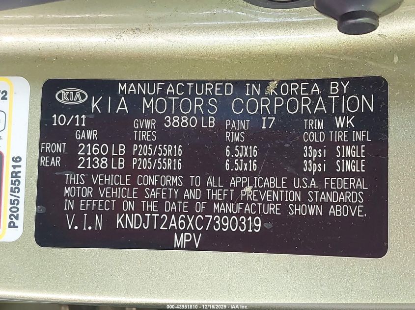 2012 Kia Soul + VIN: KNDJT2A6XC7390319 Lot: 43951810