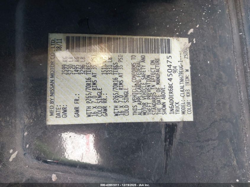 2011 Nissan Frontier Sv VIN: 1N6AD0ER6BC450475 Lot: 43951811