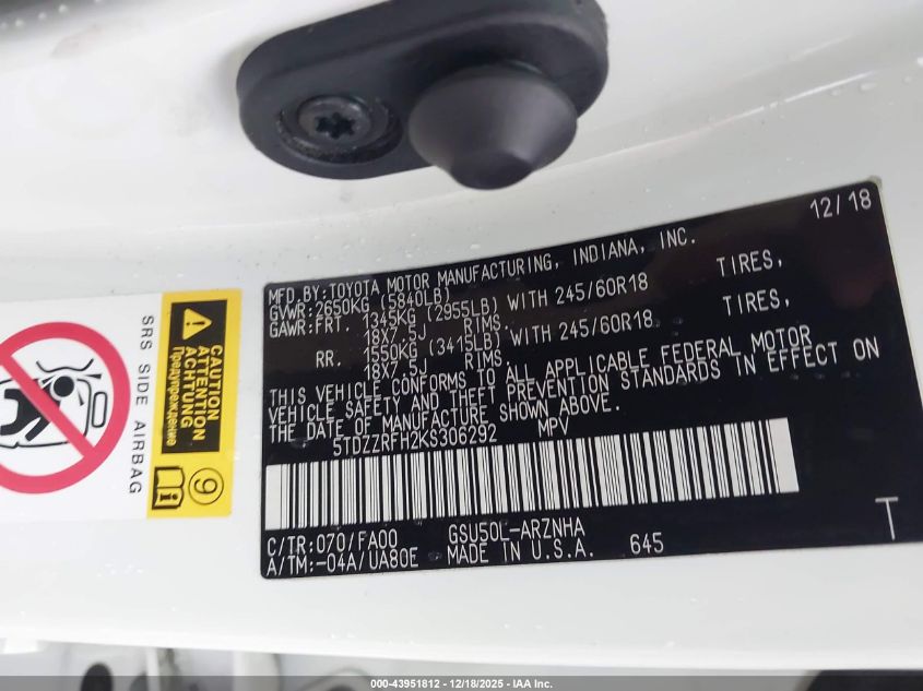 2019 Toyota Highlander Le Plus VIN: 5TDZZRFH2KS306292 Lot: 43951812