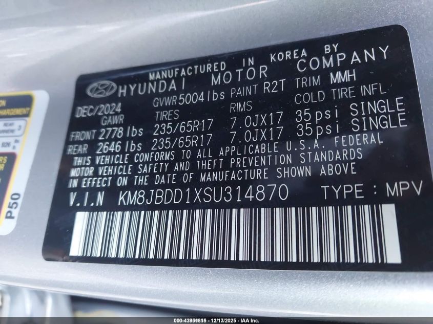 2025 Hyundai Tucson Hybrid Blue VIN: KM8JBDD1XSU314870 Lot: 43951815