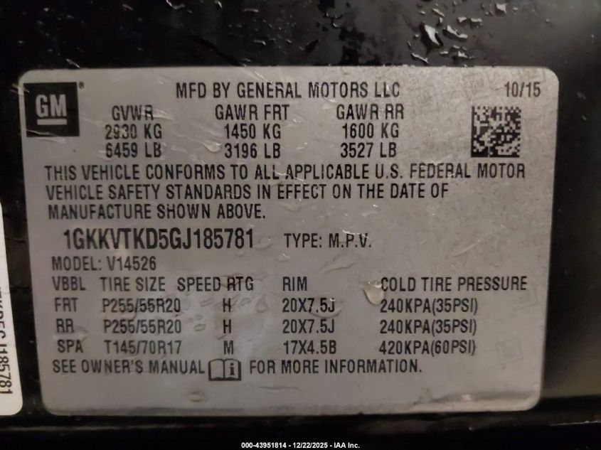 2016 GMC Acadia Denali VIN: 1GKKVTKD5GJ185781 Lot: 43951814