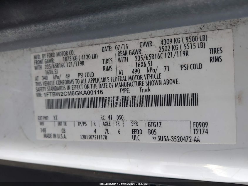 2016 Ford Transit-350 VIN: 1FTBW2CM6GKA00116 Lot: 43951817