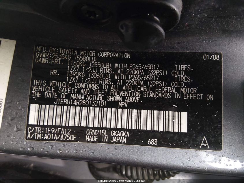 2008 Toyota 4Runner Sr5 V6 VIN: JTEBU14R280132101 Lot: 43951822