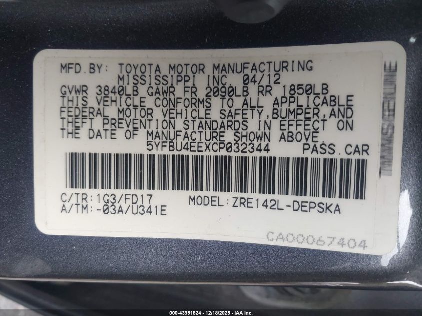 2012 Toyota Corolla S VIN: 5YFBU4EEXCP032344 Lot: 43951824