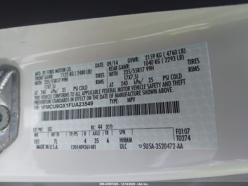 2015 Ford Escape Se VIN: 1FMCU9GX1FUA23549 Lot: 43951826