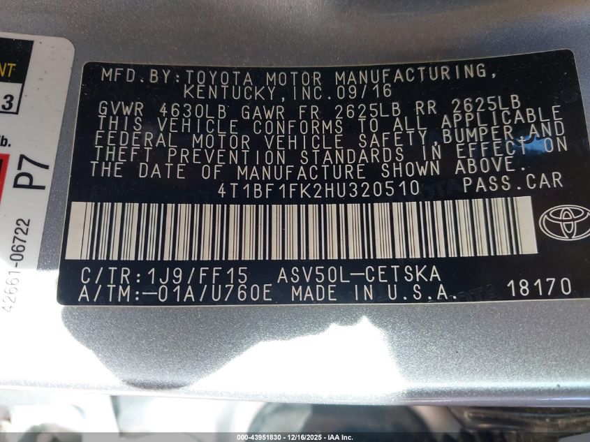 2017 Toyota Camry Se VIN: 4T1BF1FK2HU320510 Lot: 43951830
